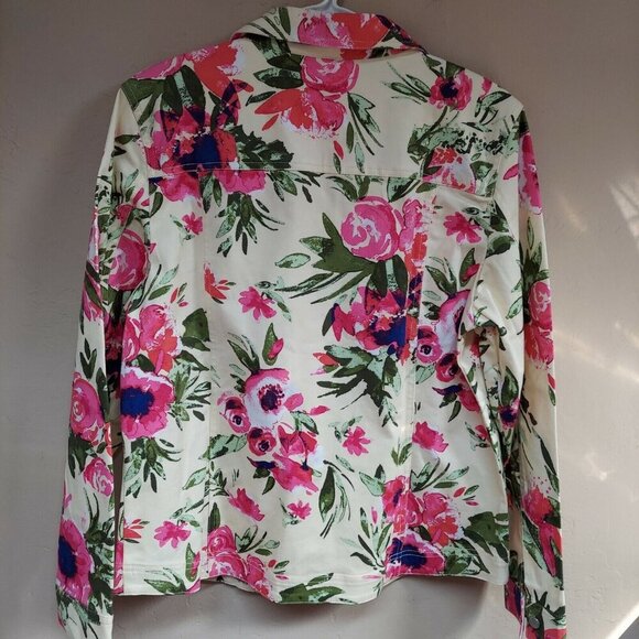 Norm Thompson Womens Large Floral Print Denim Style Jacket Stretch Flap Pocket - Picture 2 of 9
